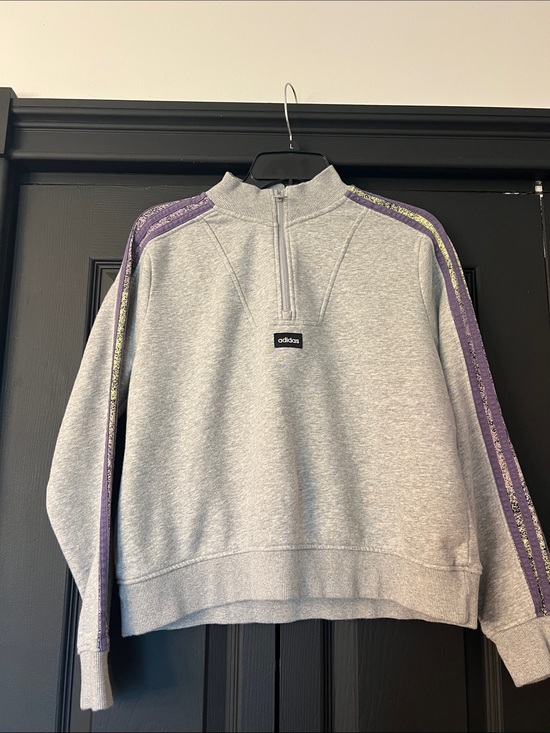 adidas Tops - adidas Light Gray Half-Zip Pullover with Purple Stripes
